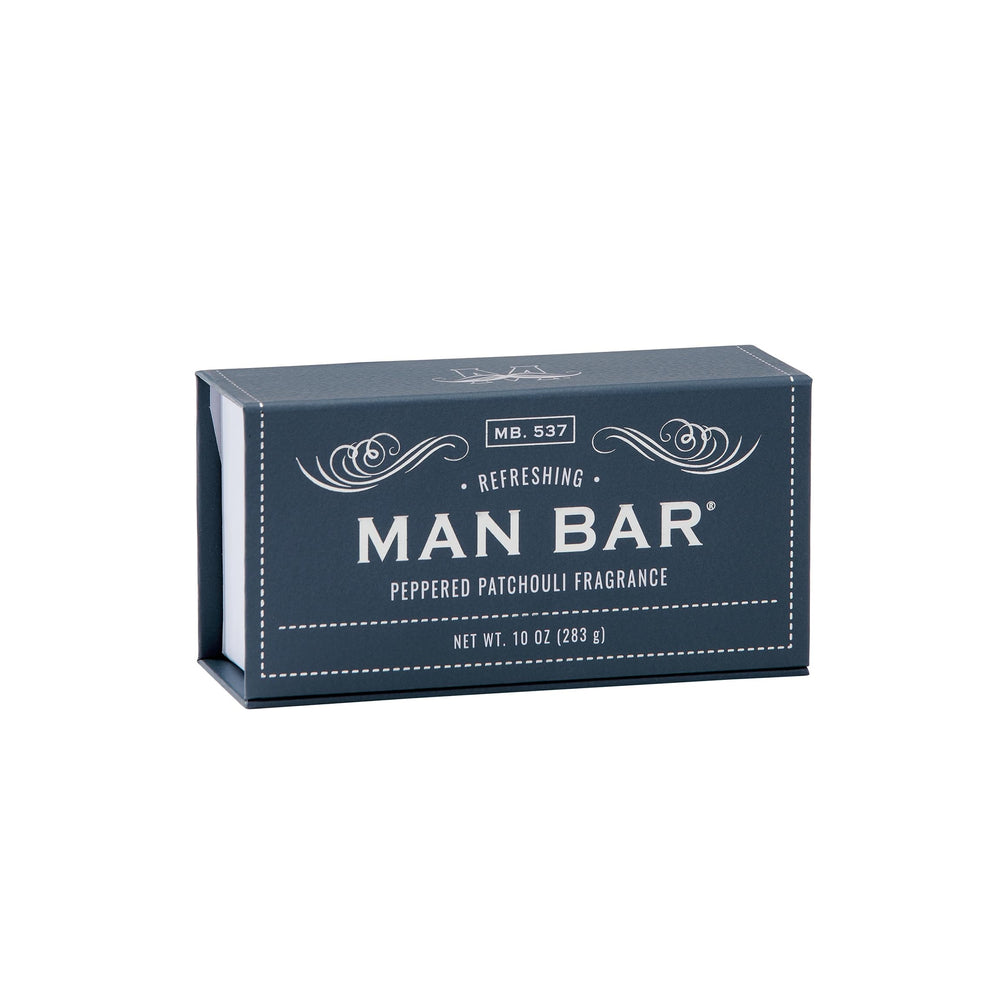 San Francisco Soap Company front view of Peppered Patchouli Man Bar with clear branding and rugged appeal