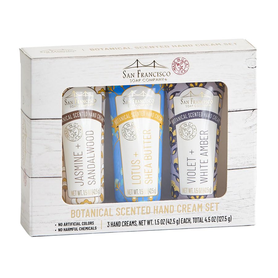 San Francisco Soap Company three mini hand cream tubes showing front labels and packaging benefit: convenient gifting