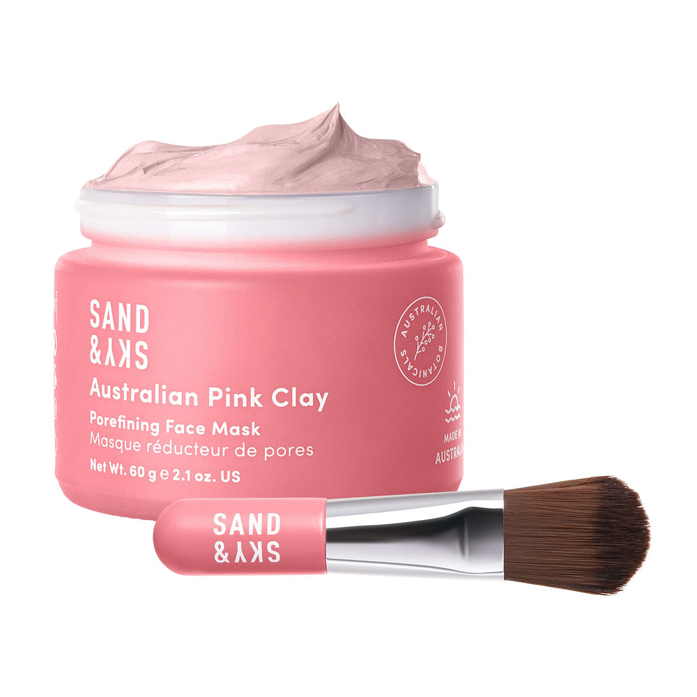 Sand & Sky front packaging showing pink clay mask, highlights quick pore detox benefit