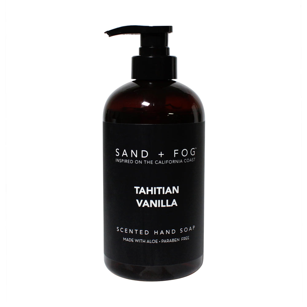 Sand + Fog bottle front view showing label and 20 oz size with elegant presentation