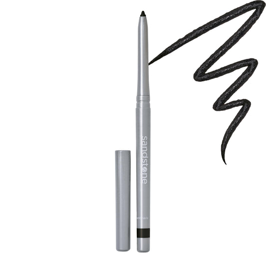 Sandstone Scandinavia eyeliner pencil front view showing sleek packaging and durable cap benefit