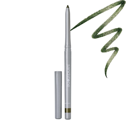 Sandstone Scandinavia eyeliner pencil front view shows sleek packaging and color payoff