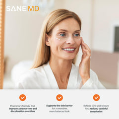 SANE alpha arbutin ingredient emphasis on bottle label, promotes brighter skin benefit