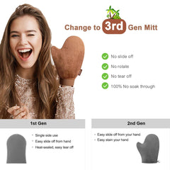 Sanfery mitts used in bathroom setting illustrating easy at-home sunless tanning