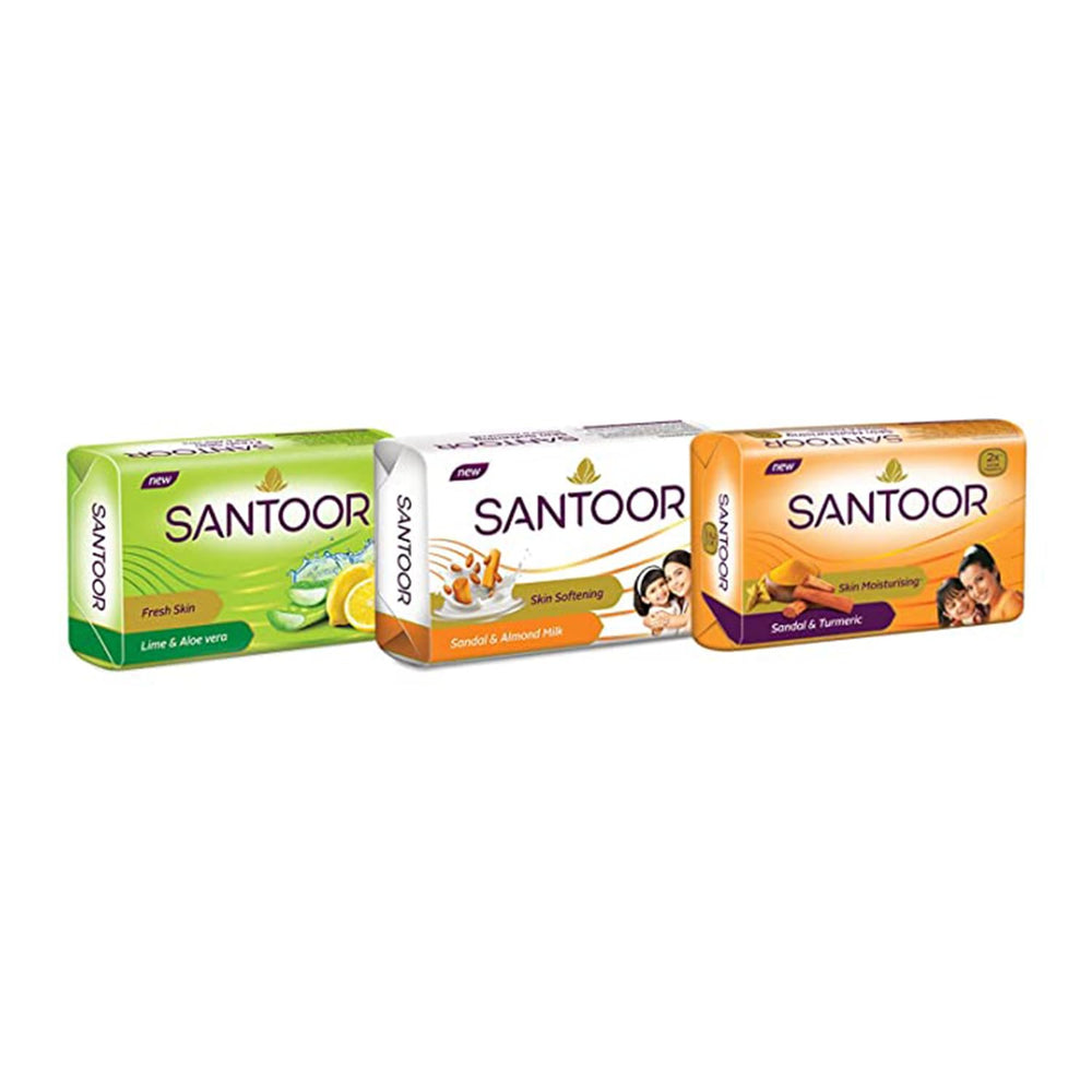 Santoor sandal and turmeric soap displayed in bathroom setting for daily use appeal