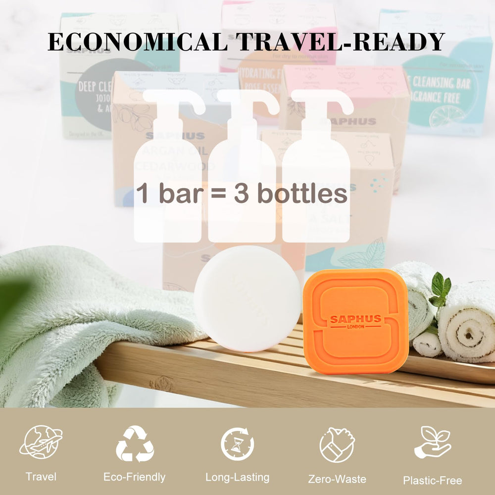 SAPHUS shampoo bar on shower shelf demonstrating low-waste bathroom use