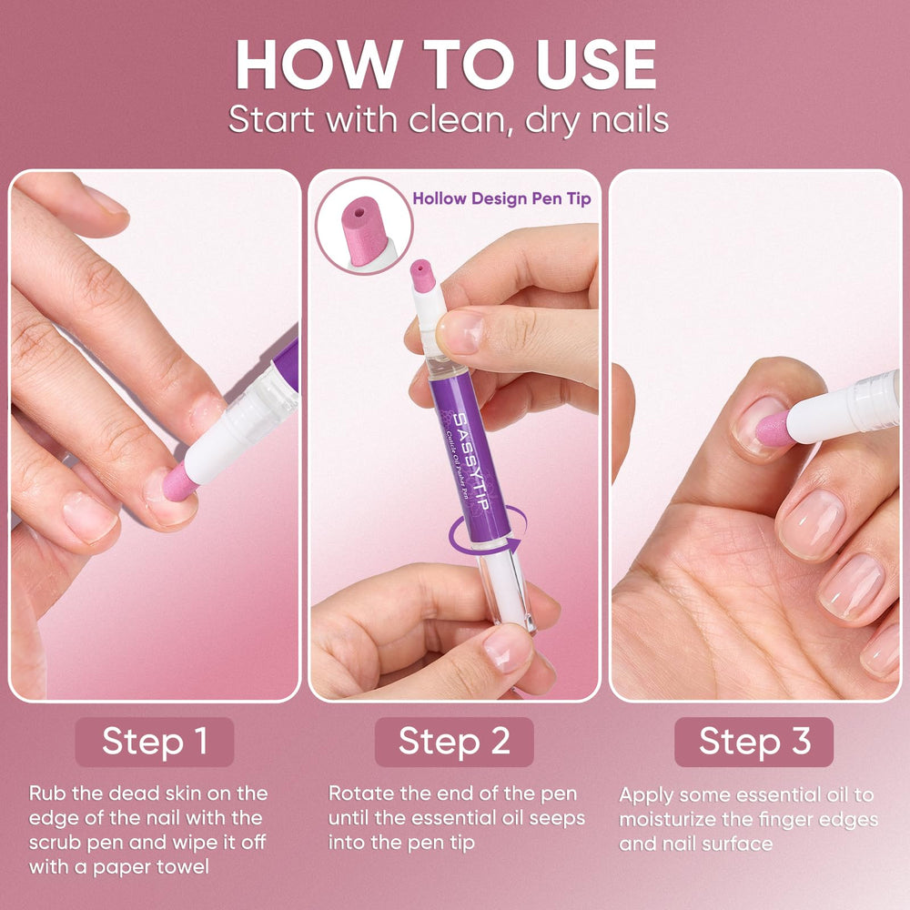 SASSYTIP gliding oil over nail for immediate hydration and softened cuticles