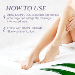 SATIN SMOOTH bottle next to hands showing professional-size benefit