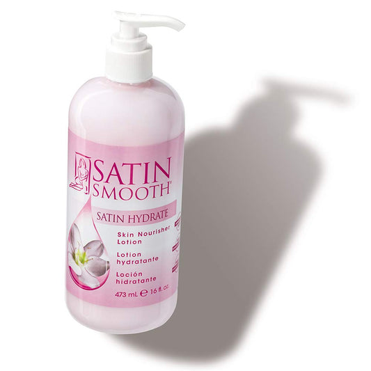 SATIN SMOOTH front packaging showing 16 fl oz bottle and clear label, calming after-wax care
