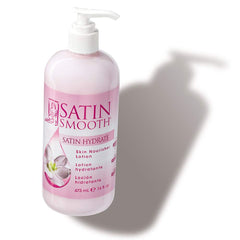 SATIN SMOOTH front packaging showing 16 fl oz bottle and clear label, calming after-wax care