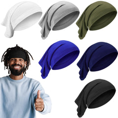 SATINIOR front pack display showing six colorful dreadlock caps and benefits