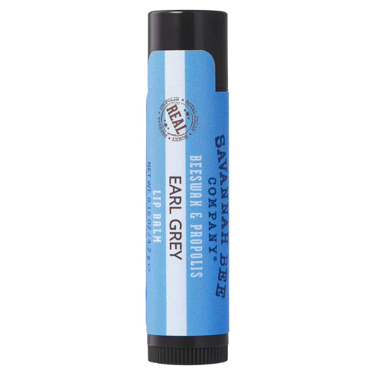 Savannah Bee Company lip balm tube front showing branding and compact size benefit