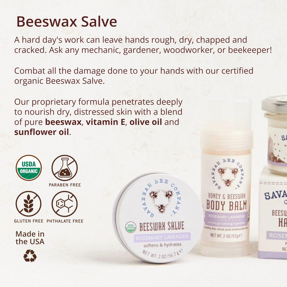 Savannah Bee Company arranged ingredients with beeswax olive oil and vitamin E for natural care