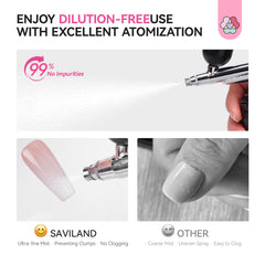 SAVILAND airbrush in use spraying white polish, demonstrating fine mist and even coverage