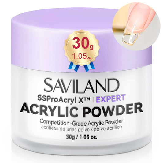SAVILAND jar front view showing clear acrylic powder and professional packaging benefit