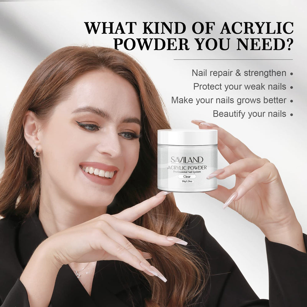 SAVILAND open jar revealing fine clear acrylic powder texture for smooth, bubble-free application