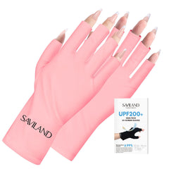 SAVILAND front view of pink fingerless UV gloves showing coverage and fit benefit