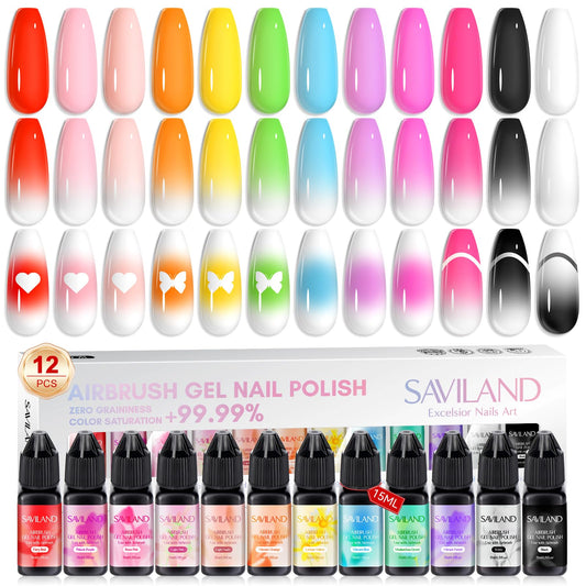 SAVILAND front packaging displaying 12 vibrant airbrush gel bottles and kit benefit