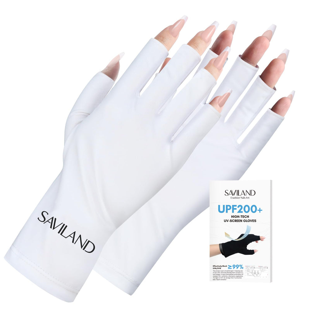 SAVILAND front view of white fingerless UV gloves showing full coverage and neat finish