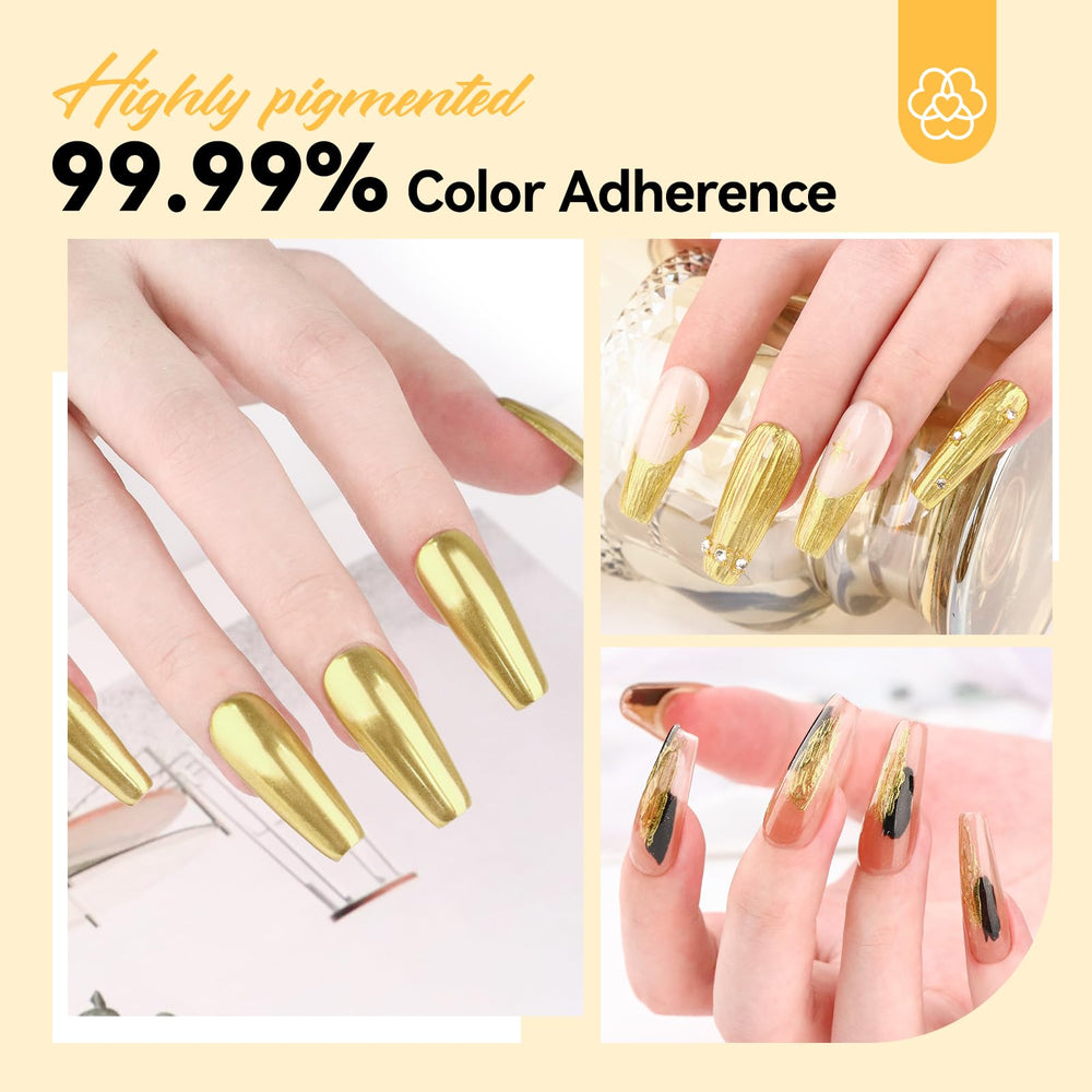 SAVILAND gold chrome applied on gel nail displaying mirror shine benefit