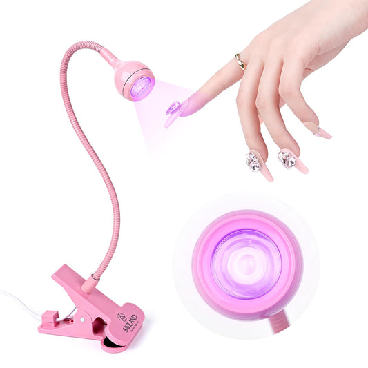 SAVILAND gooseneck lamp front view showing compact pink curing head and clip benefit fast curing