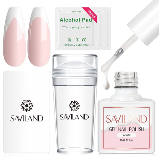 Saviland kit flat lay showing stamper white gel polish and accessories for quick French tips