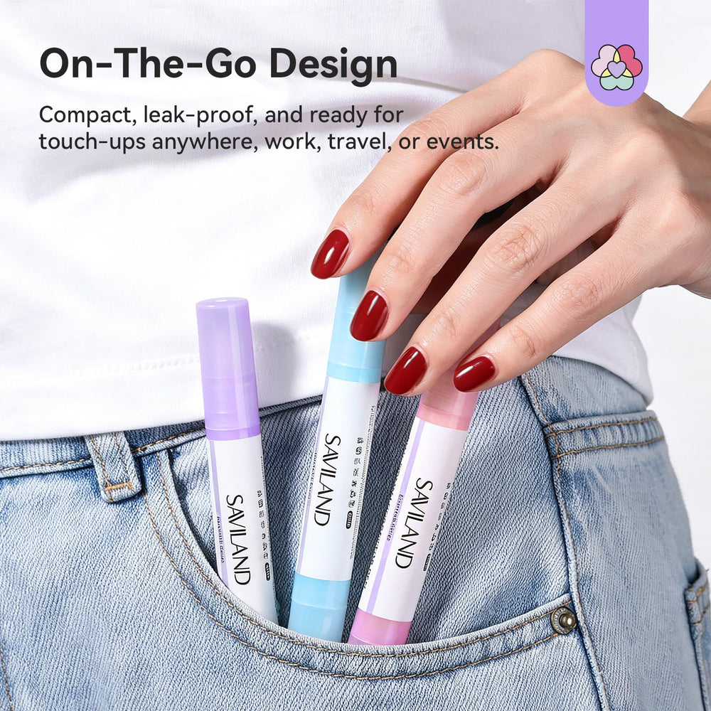 SAVILAND on bathroom counter with manicure items, suggesting easy at-home touch-ups