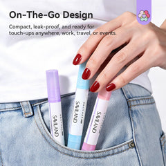SAVILAND on bathroom counter with manicure items, suggesting easy at-home touch-ups