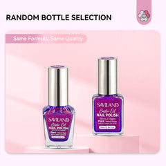 SAVILAND polish bottles next to a hand for scale showing compact travel size