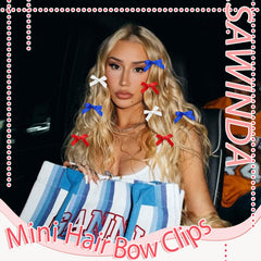 SAWINDA mini bows clipped in ponytail showing quick festive styling