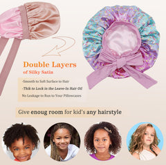 SAYMRE bonnet on child profile demonstrates secure fit and protected curls