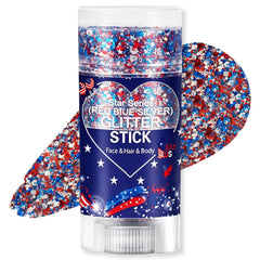 Scarman front packaging showing patriotic red white blue glitter stick and portability benefit