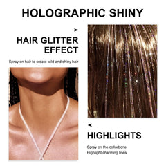 Scarman glitter on hair strands, enhances styled hair with shine