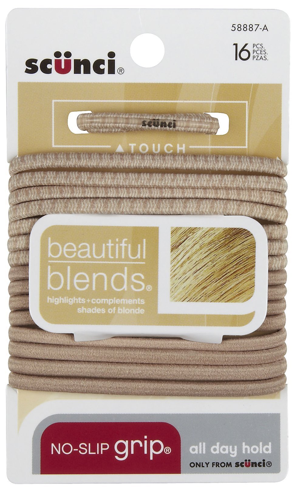 Scunci blonde hair tie front view shows discreet color and secure hold benefits
