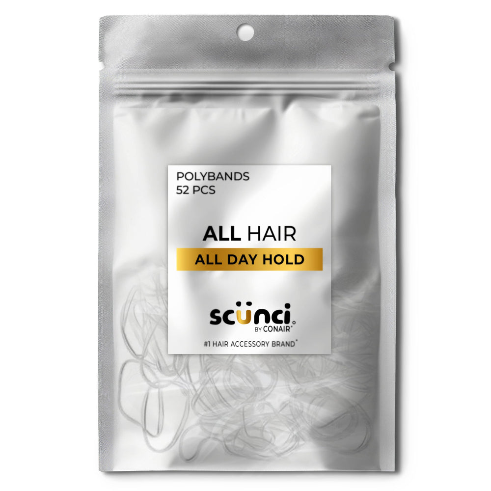 Scunci clear poly band front packaging showing 52-count, gentle hold benefit