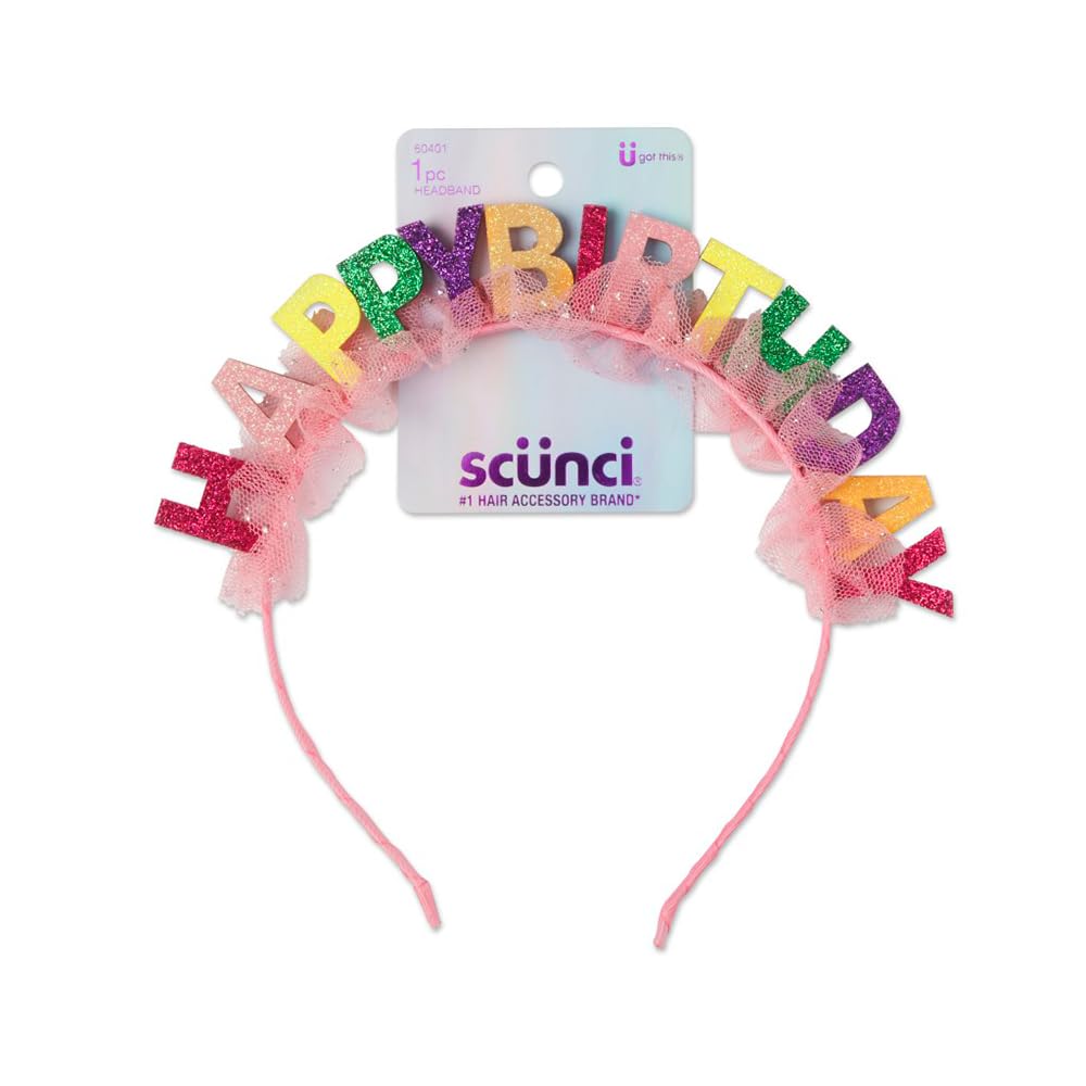 Scunci by Conair front view showing glitter Happy Birthday letters and bright colors for celebrations