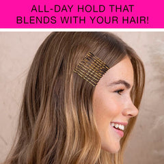 Scunci by Conair pins securing a blonde updo, invisible blend and firm grip