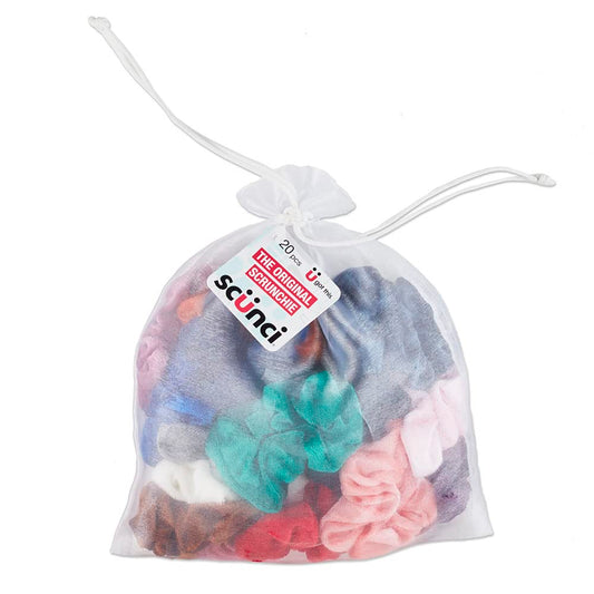 Conair Scunci front packaging showing 20-count velvet scrunchies and variety benefit