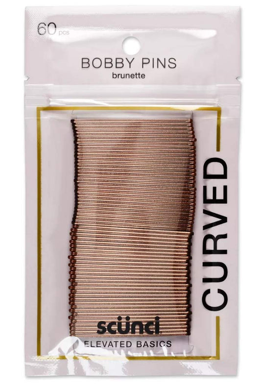 Scunci curved bobby pins pack front showing 60 metallic brunette pins for neat styles