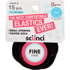 Scunci fine elastics front packaging showing 30 elastic ties and travel convenience