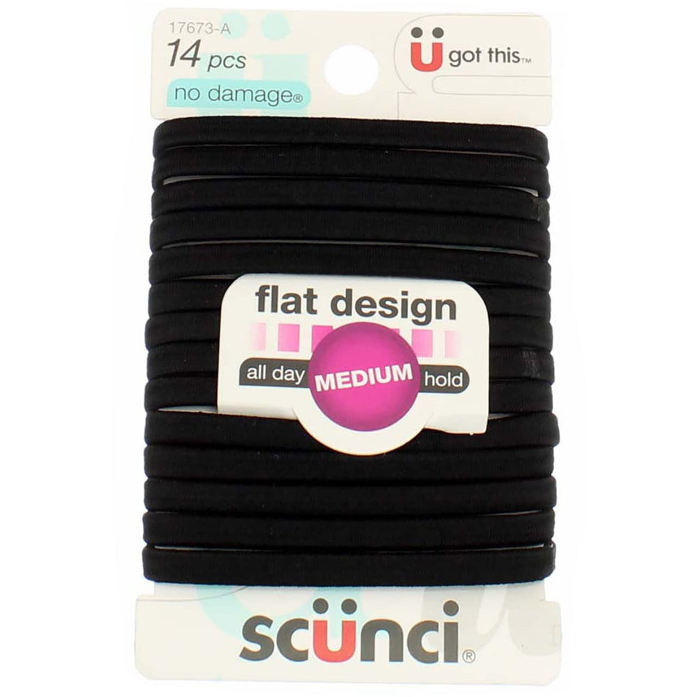 Scunci flat hair ties front pack showing 14-piece black set, neat everyday hold