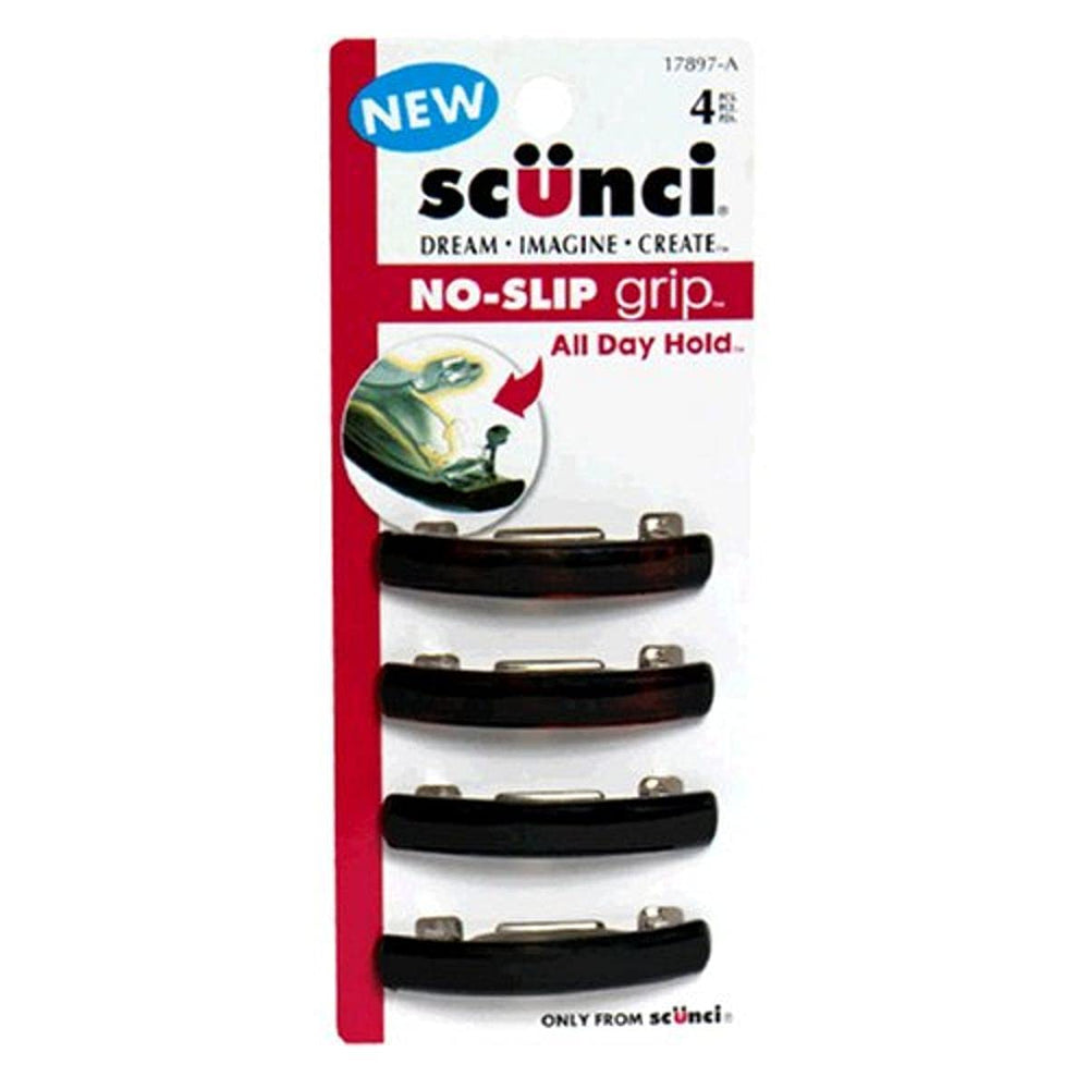 Scunci front view barrette showing secure hold and gentle finish