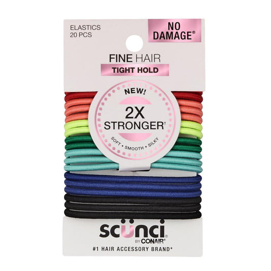 Scunci front packaging showing 20-count colorful elastics and secure hold
