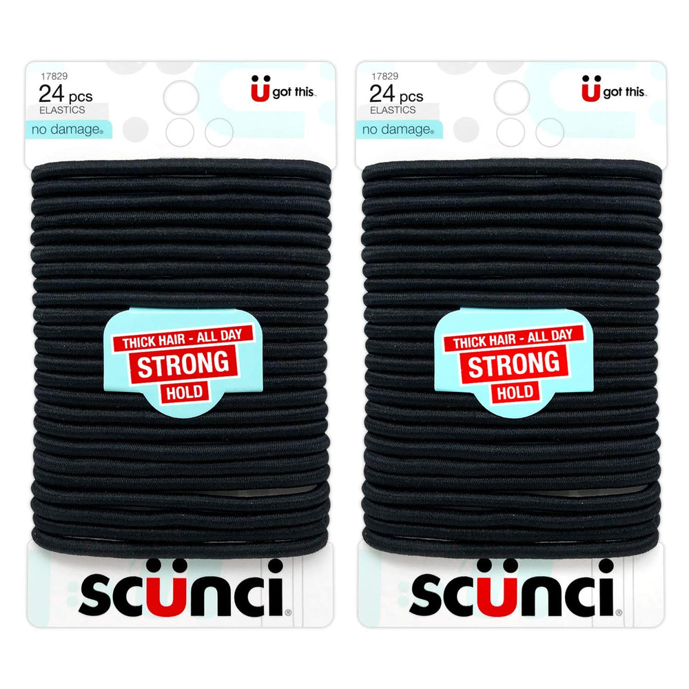 Scunci front packaging showing 24-piece black elastics for everyday convenience