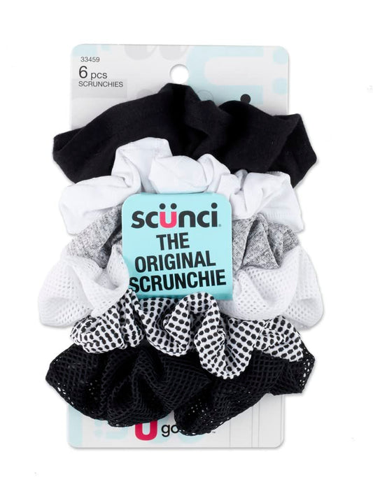 Scunci scrunchies 6-pack front view showing black gray white for versatile styling