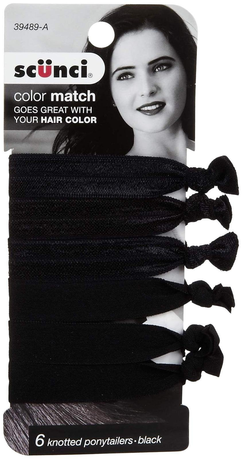Scunci front packaging showing black knot ponytailers and compact carry benefit