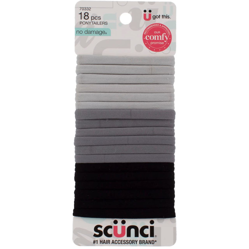 Scunci front packaging showing 18 gray ponytailers and convenience