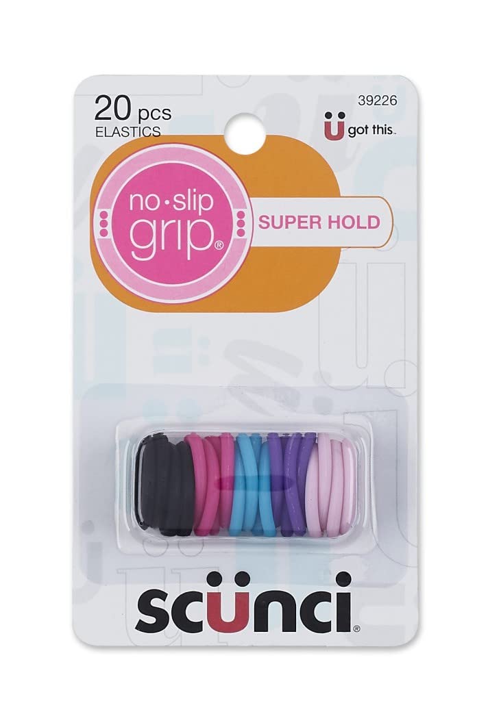 Scunci front packaging showing 20 mini ponytailers and clear benefit of secure hold