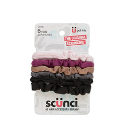 Scunci front packaging showing six assorted comfy scrunchies for versatile wear