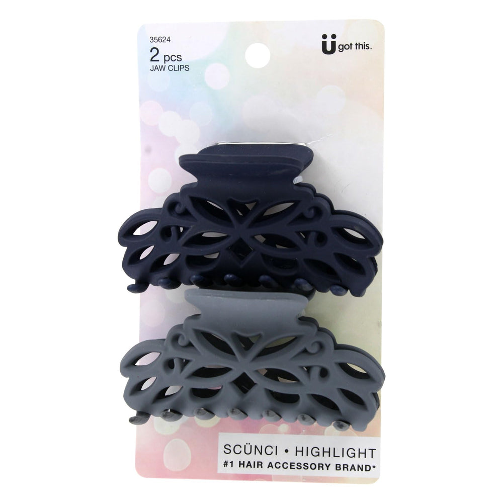 Scunci jaw clip front view showing matte finish and stylish pattern for secure hold